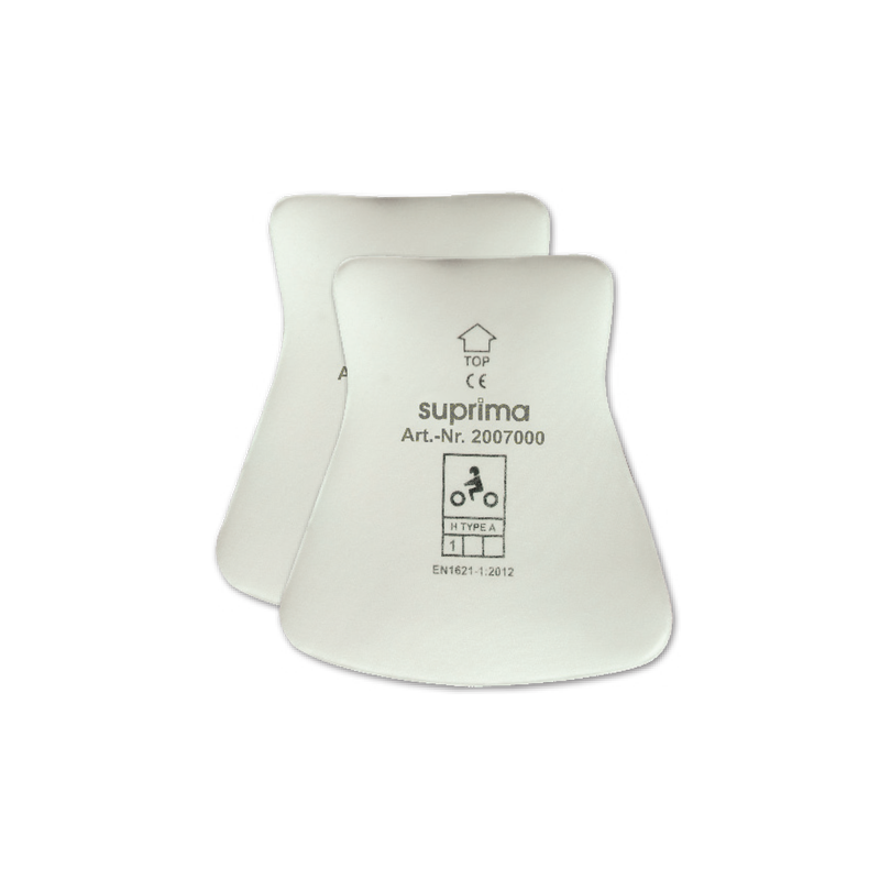 Kaksi valkoista, muotoiltua Suprima suojakilvet (2007) -suojakilpe&auml;, joissa on mustat yksityiskohdat.